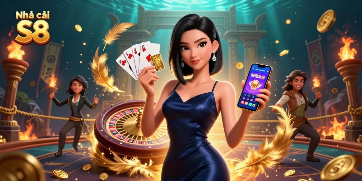 Experience the thrill of betting at Nhà cái S8 with a stunning Asian woman showcasing casino excitement.