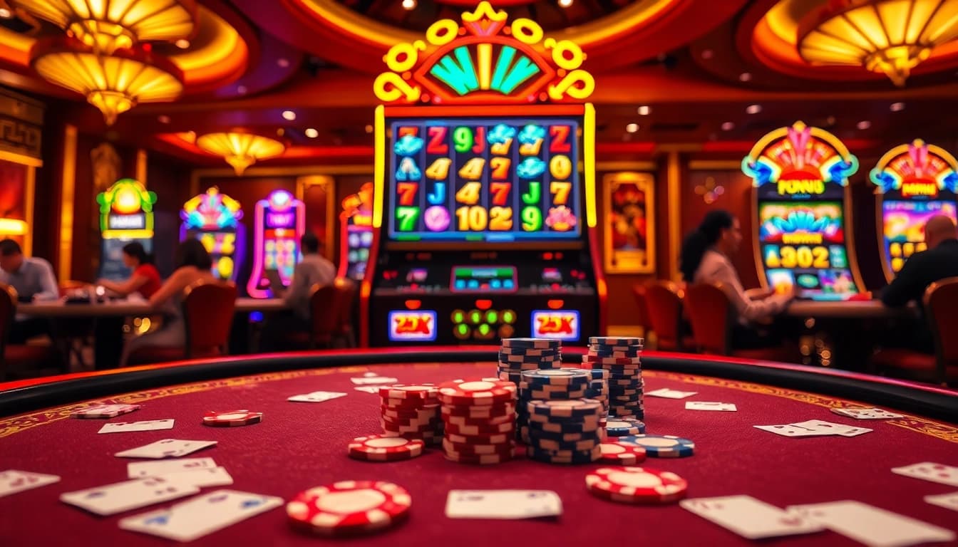 Experience the excitement of bong88 with a vibrant casino scene filled with poker chips and slot machines.