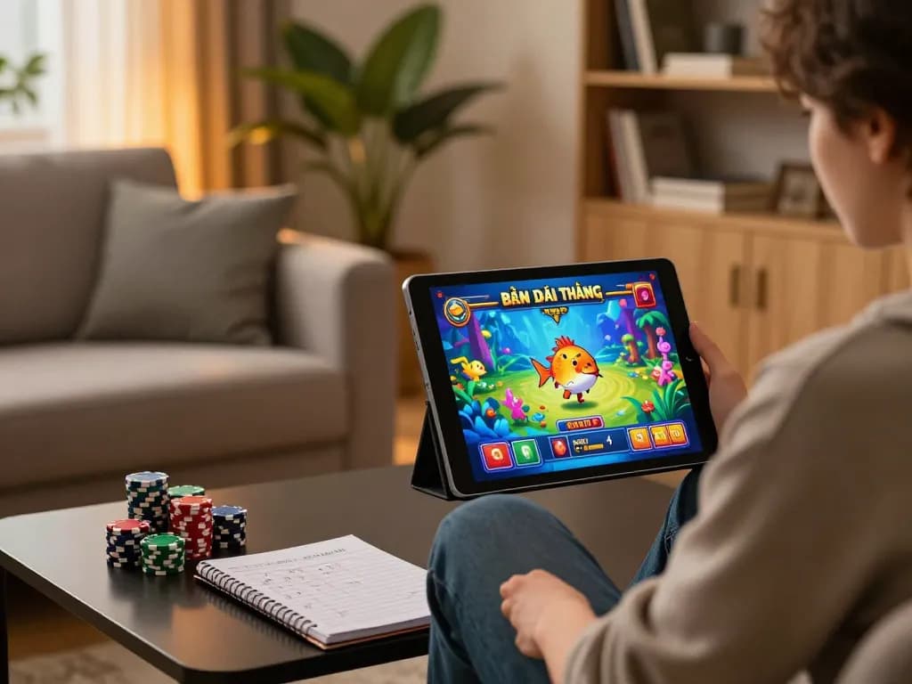 Bắn Cá Đổi Thưởng gaming session featuring a user engaged on a tablet in a cozy home environment.