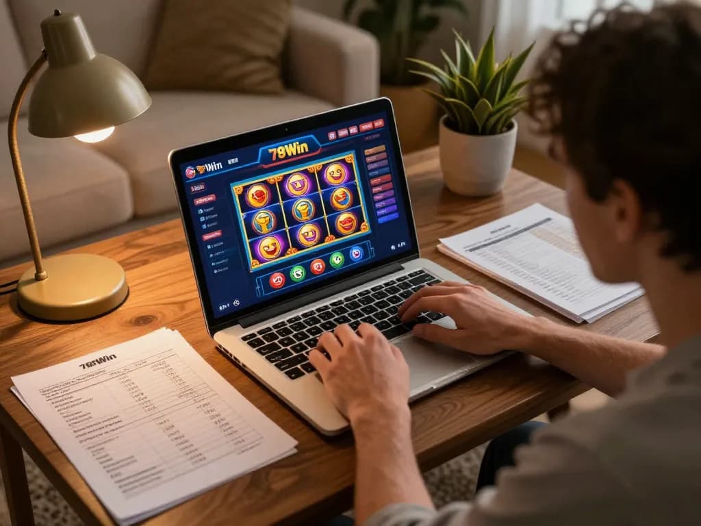 Player focusing on 789Win online casino interface, strategizing with notes in cozy home setting.