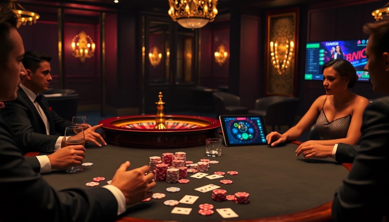 Experience thrilling gameplay at the hit club with poker chips and cards in a luxurious casino setting.