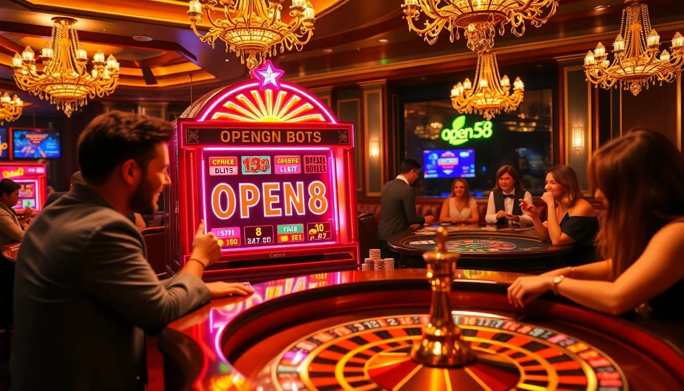 A vibrant casino scene featuring open88 slot machine, excited players at roulette table, and colorful poker chips.
