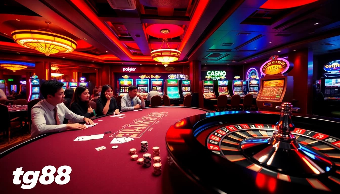 Exciting scene of tg88 casino gaming with vibrant poker tables and slot machines.