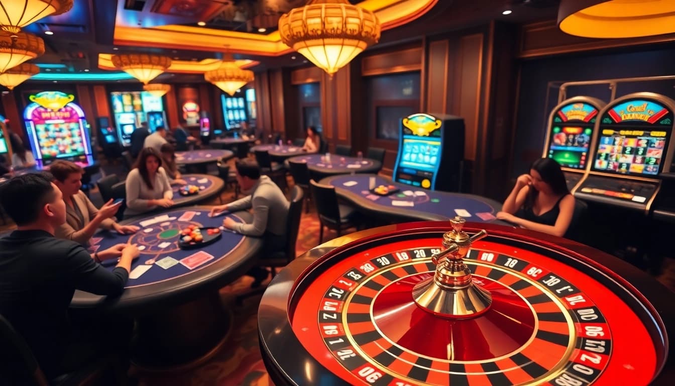 Players engage in high-stakes gaming at https://luongsontv5.com/ in a luxurious casino atmosphere, showcasing roulette and poker excitement.
