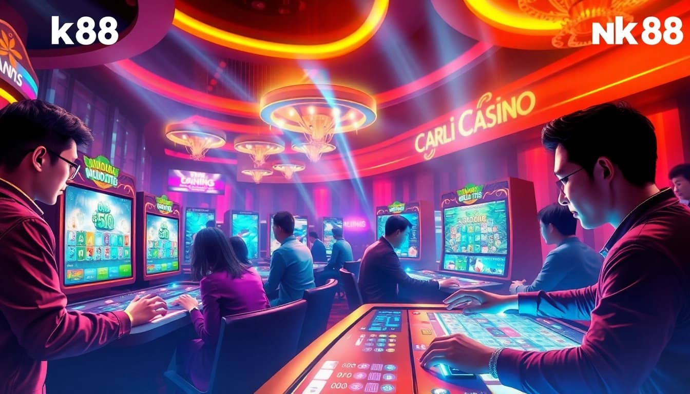 Exciting nk88 online gaming scene with diverse players and vibrant colors.