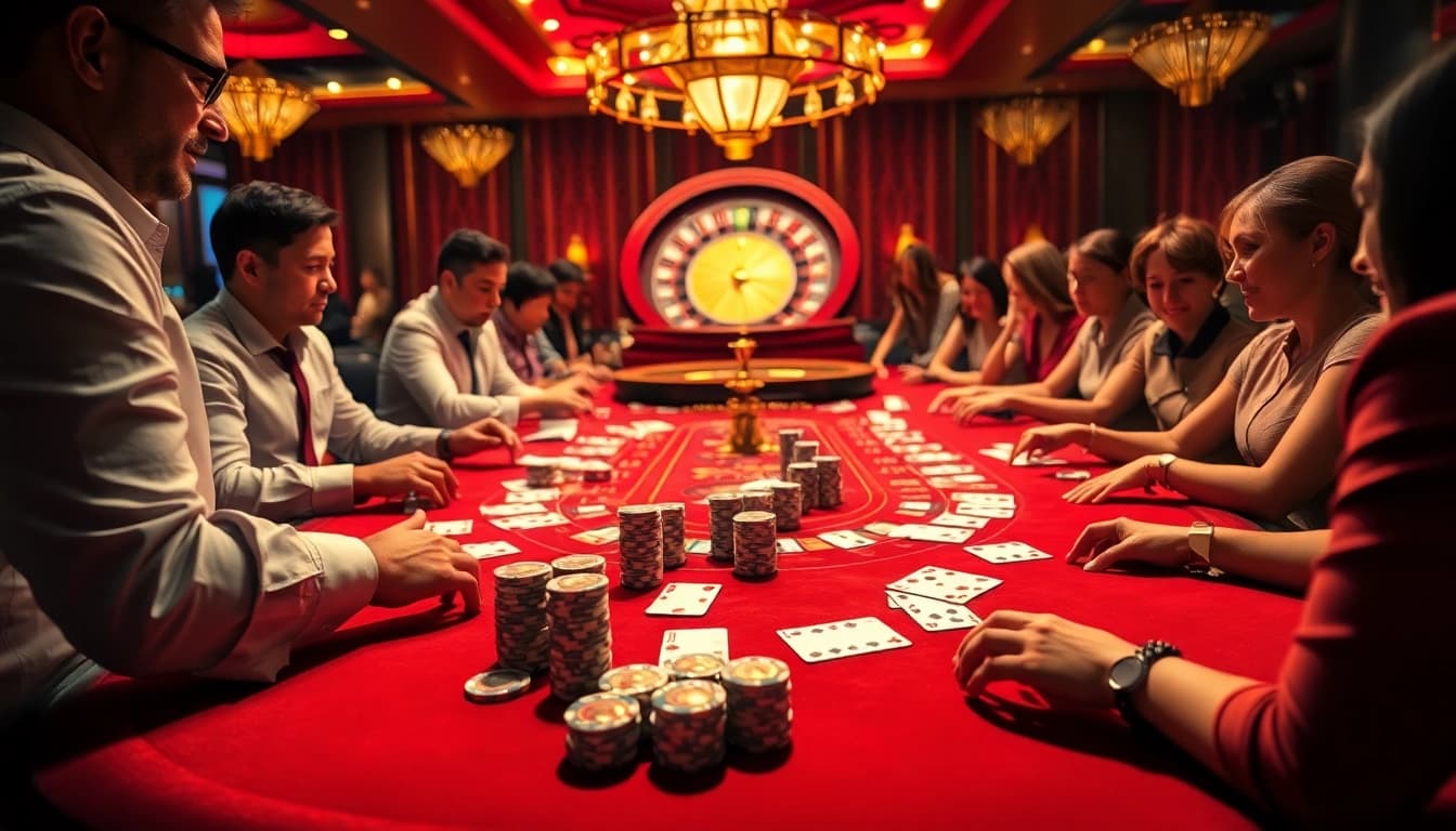 Players enjoy a thrilling baccarat game at XX88 casino, surrounded by vibrant poker chips and luxurious decor.
