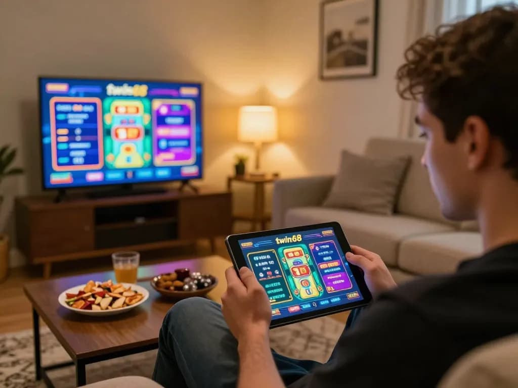 Engaging with the twin68 gaming app, capturing excitement from a cozy home setup.