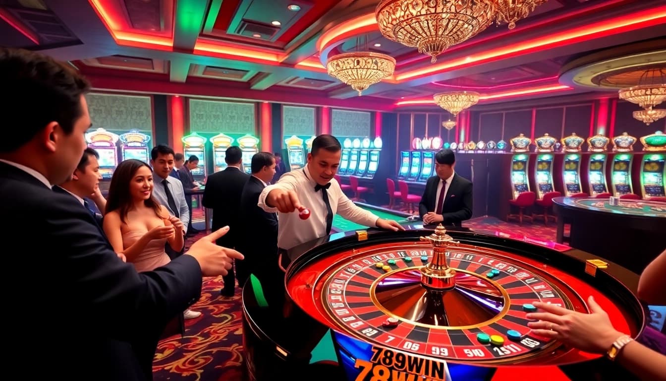 Players enjoying a thrilling game at 789WIN casino, with vibrant roulette and poker tables.