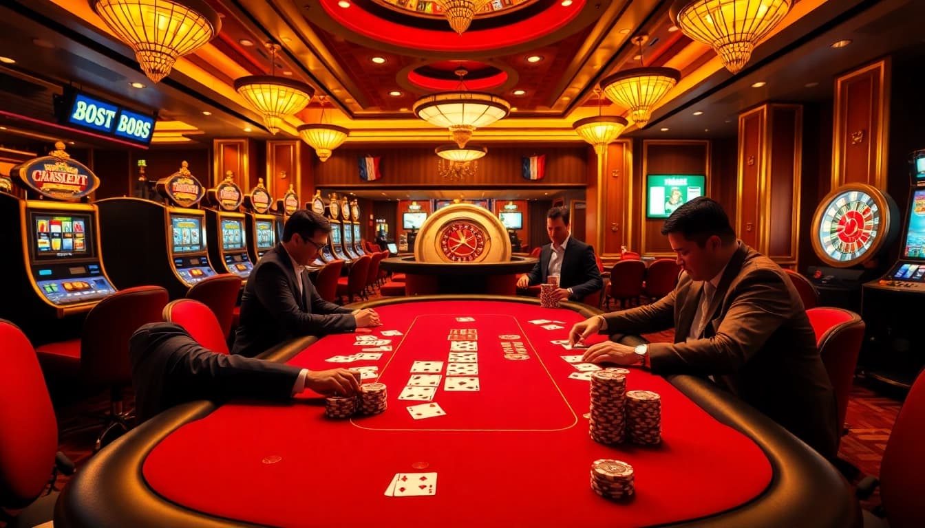 Players enjoying a high-stakes poker game at 789P30 casino with vibrant atmosphere and luxury design.