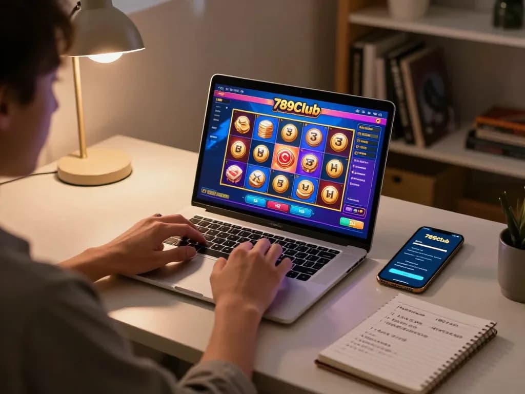 Engaged player features 789Club slot games on a laptop and app for immersive gaming experience.