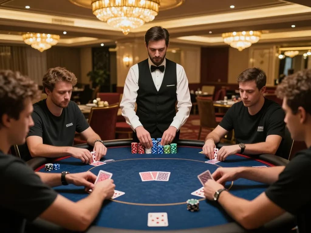 Players analyze poker cards at a casino table, showcasing the excitement of 88aa com gameplay.
