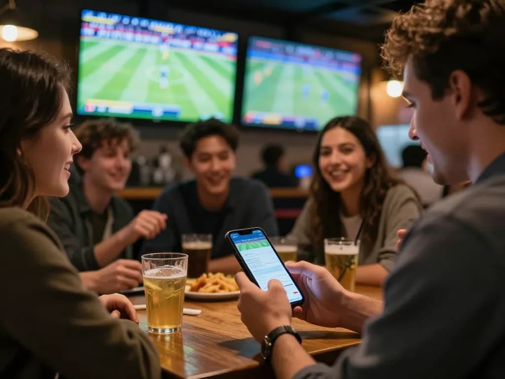 Engaging in sports betting using an app for the latest kèo bóng đá updates in a lively sports bar.