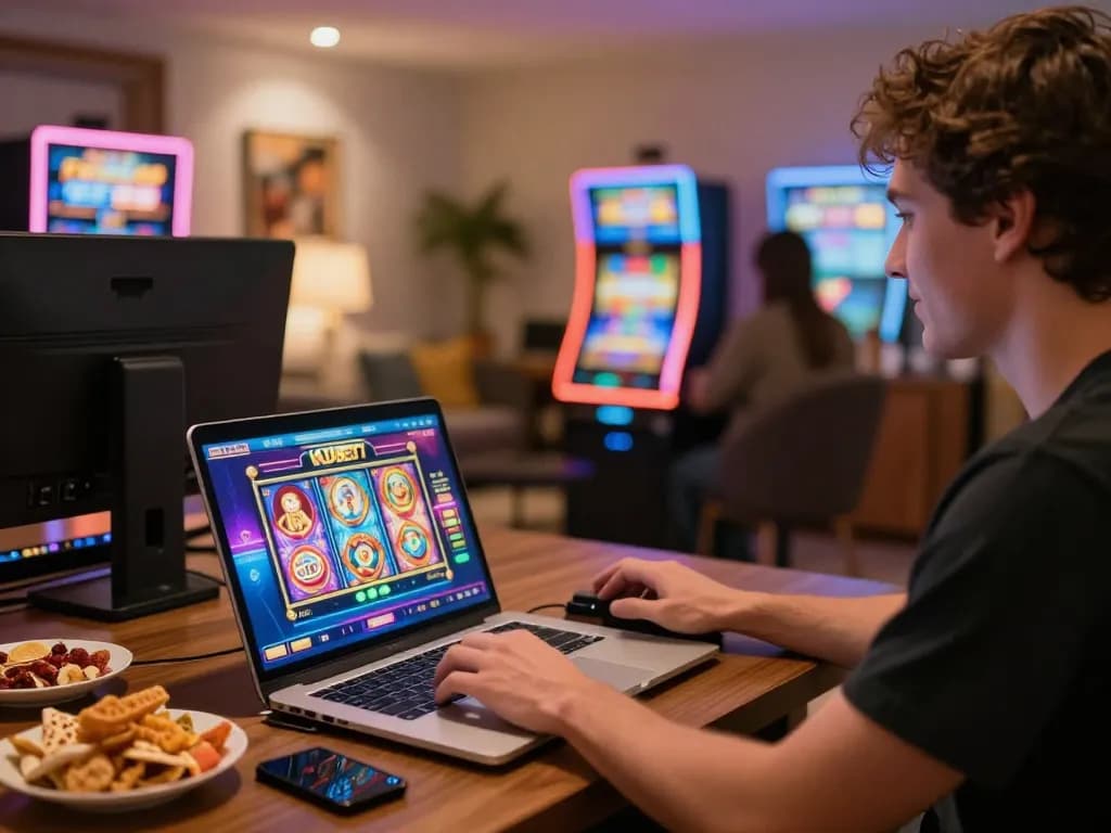 KUBET online gaming setup with player enjoying slot machines on a laptop in a cozy home.