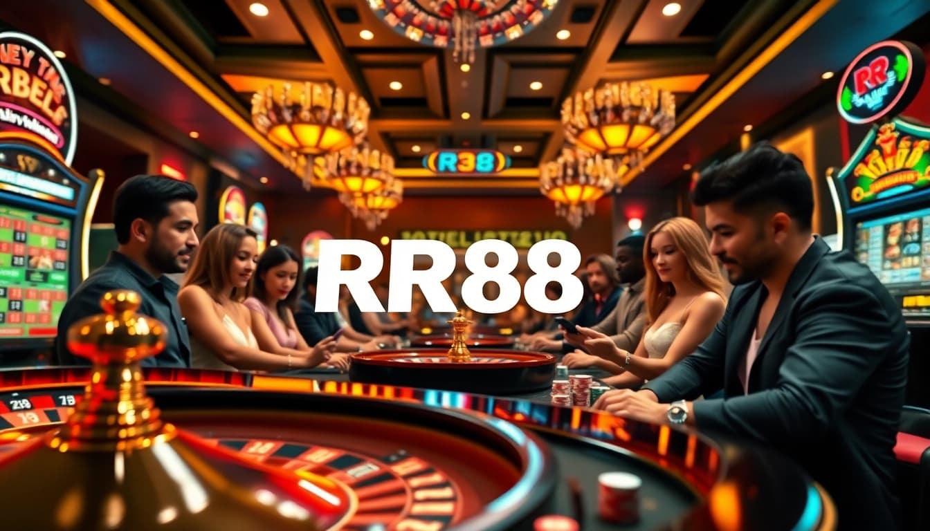 Engage with RR88's thrilling online casino gaming experience, featuring vibrant roulette wheels and excited players.