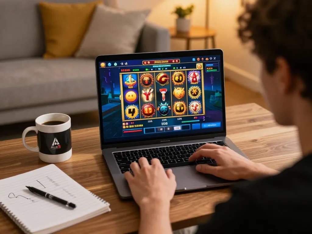 Player immersed in winning strategies at ALO8 STUDIO's online slot games in a cozy setting.
