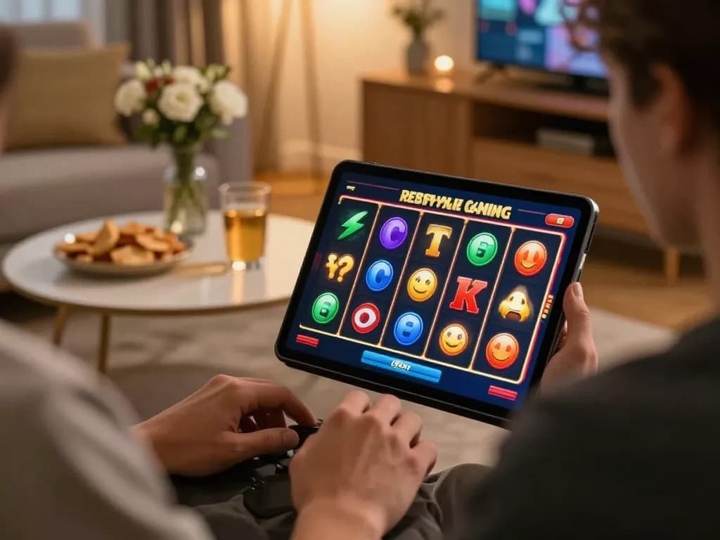 Engaging RR88 gameplay on a tablet showcasing spinning slot machines in a cozy home environment