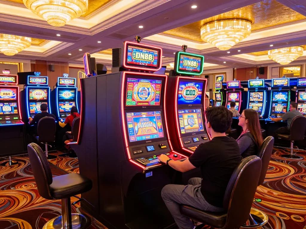 Engaged players enjoying the vibrant DN88 casino with colorful slot machines in action