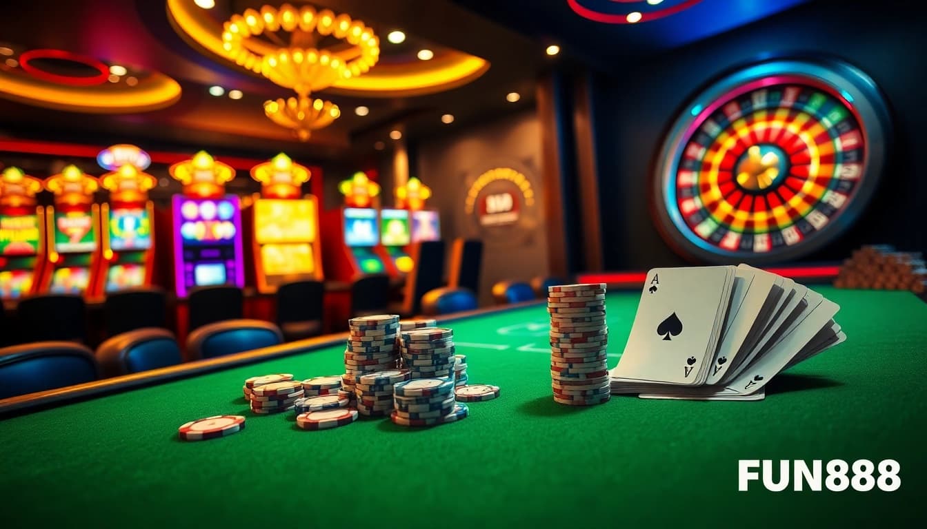 Experience the thrill of FUN88 as players engage in an exciting casino atmosphere complete with poker chips and roulette.