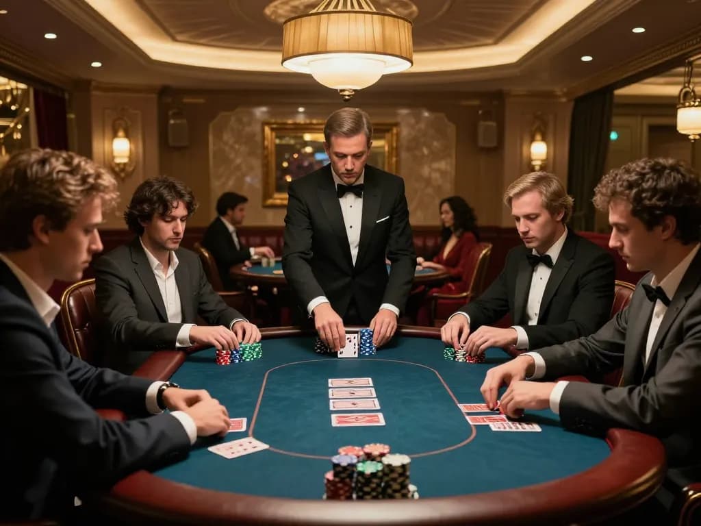 Players at a high-stakes poker game in a luxurious casino, focusing on strategic decisions and the hitclub atmosphere.