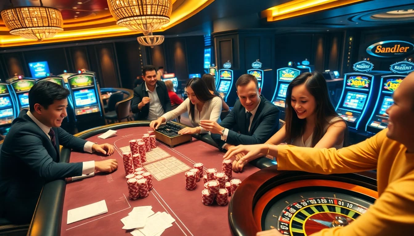 88AA players enjoy a thrilling casino atmosphere with poker chips and vibrant slot machines.