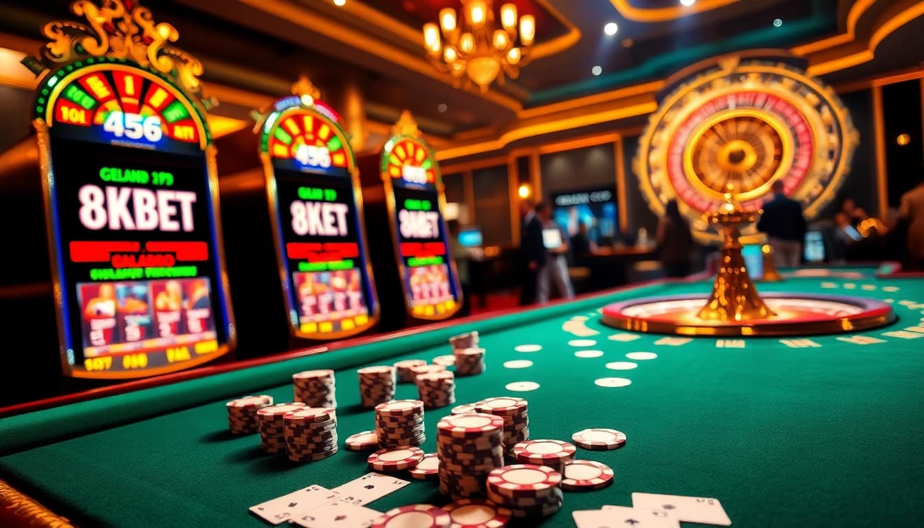 Experience high-stakes gaming at 8KBET 456's luxurious casino atmosphere with thrilling excitement.