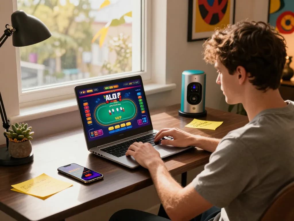 Engaging in ALO8 VIP online gaming with a stylish laptop setup and personalized decor in a comfortable home environment.