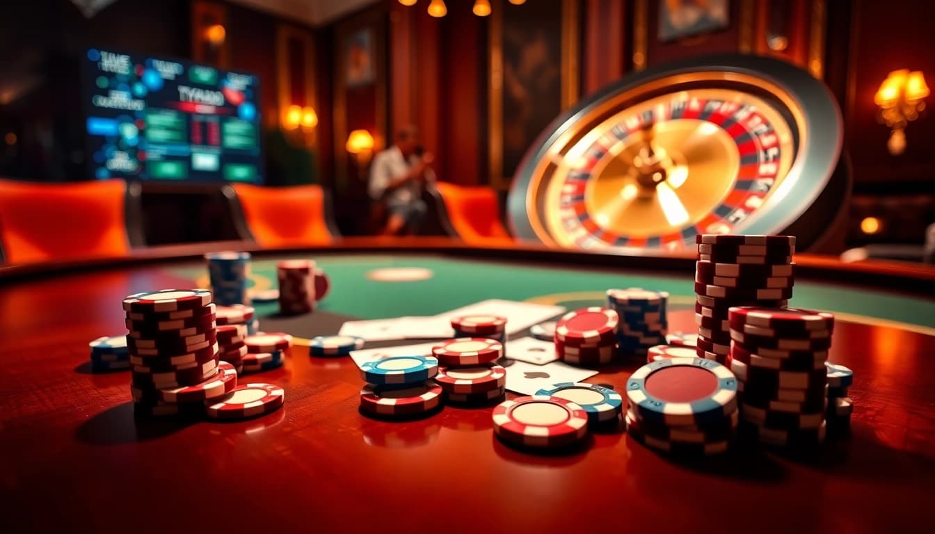 Experience the thrill of Typhu88 as players interact with vibrant casino games and luxury decor.