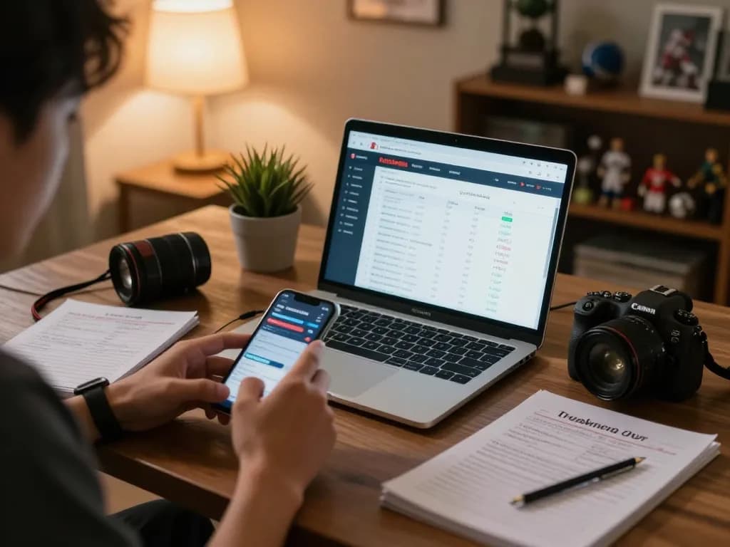 Engaging in online keobongda sports betting with laptop and smartphone in cozy home.