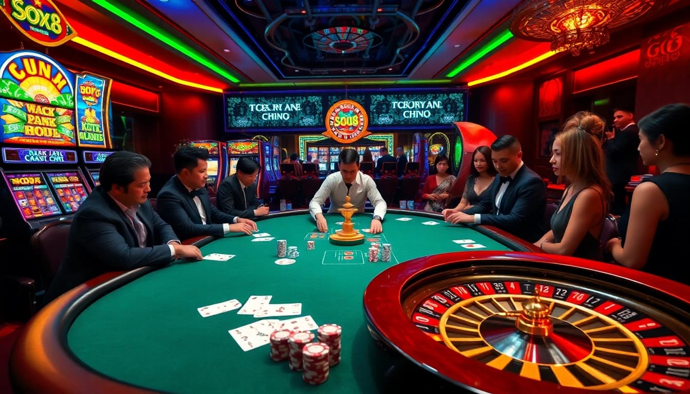 Action-packed scene at GO8 TRANG CHỦ casino featuring poker, slots, and roulette excitement.