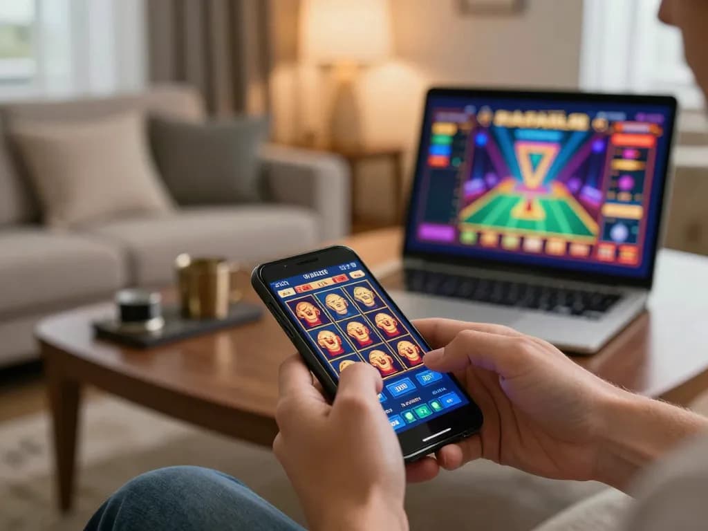 Engaging with hay88x mobile gaming app in a stylish living room ambiance