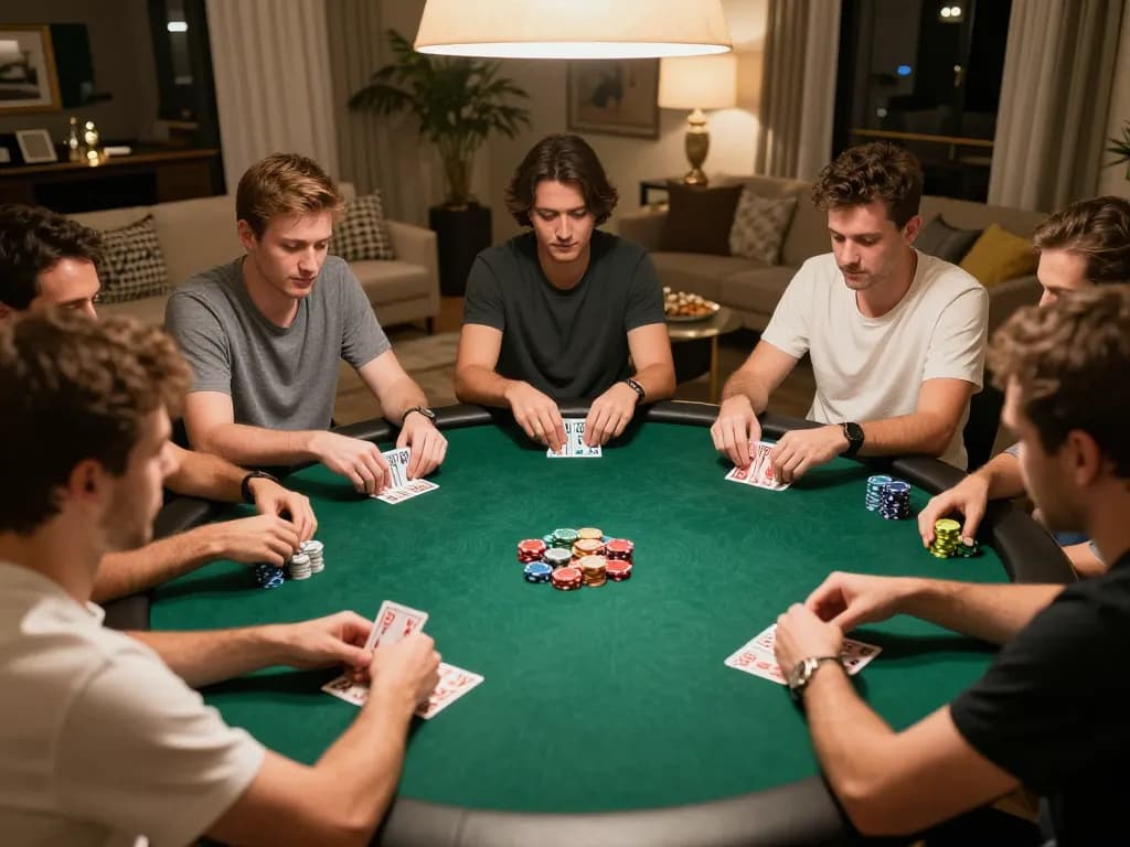 Rikvip players intensively strategizing winning hands at a cozy home poker night