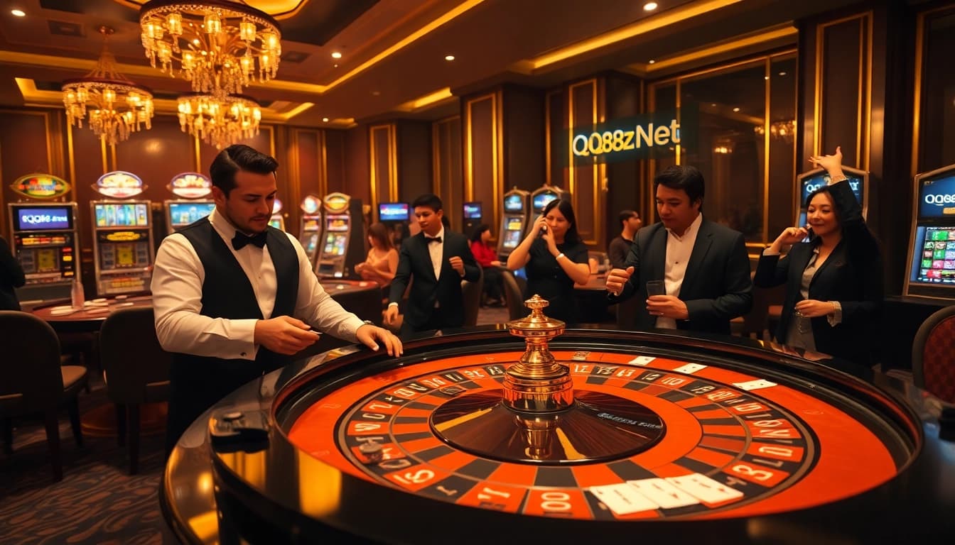 Bet on excitement at QQ88z Net with a luxurious casino layout featuring roulette, poker chips, and vibrant slot machines.