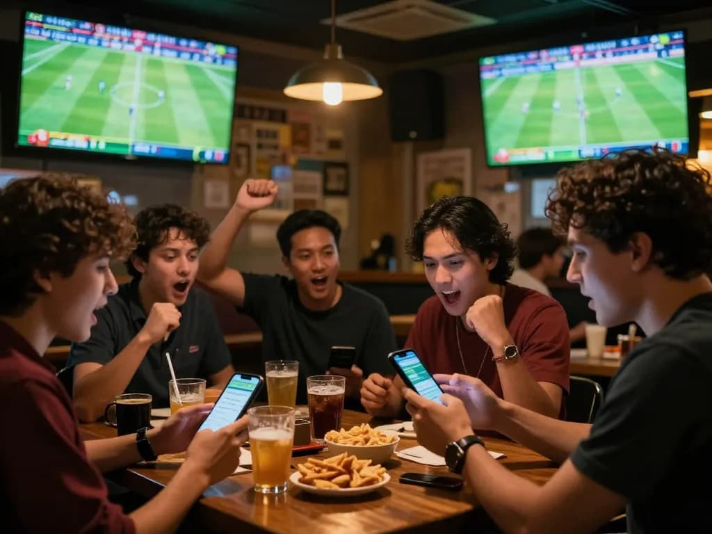 Kết quả bóng đá update displayed on smartphone in lively sports bar filled with cheering fans.