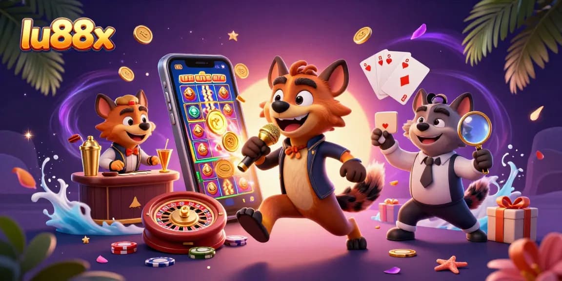 Join the comedy fun at lu88x with hyenas entertaining in a vibrant casino setting.
