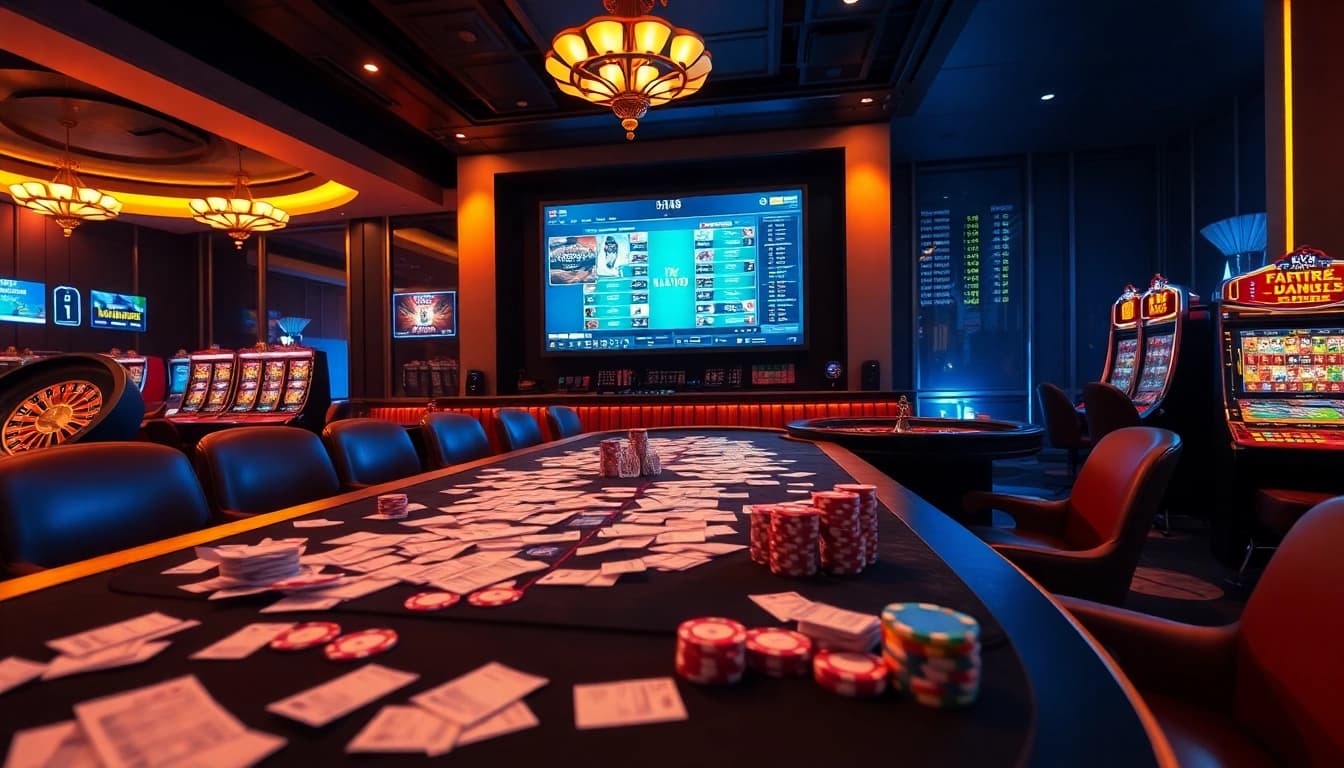 Exciting scene of online sports betting with sky88 thể thao elements at a luxurious casino.