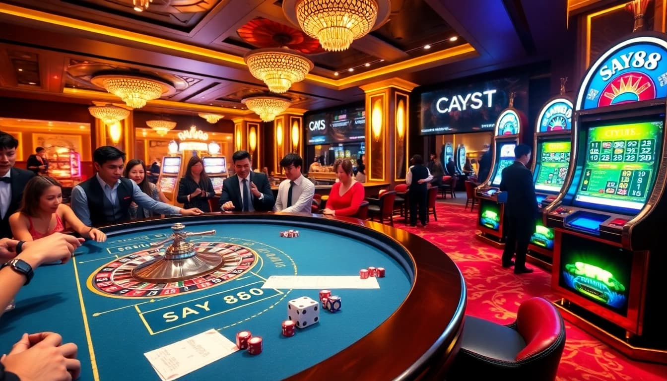 SAY88's exciting casino experience with players at a roulette table and vibrant slot machines.