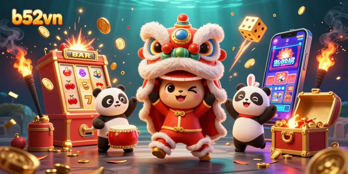b52vn celebrates with dynamic casino characters, showcasing engaging slot machine and festive elements.