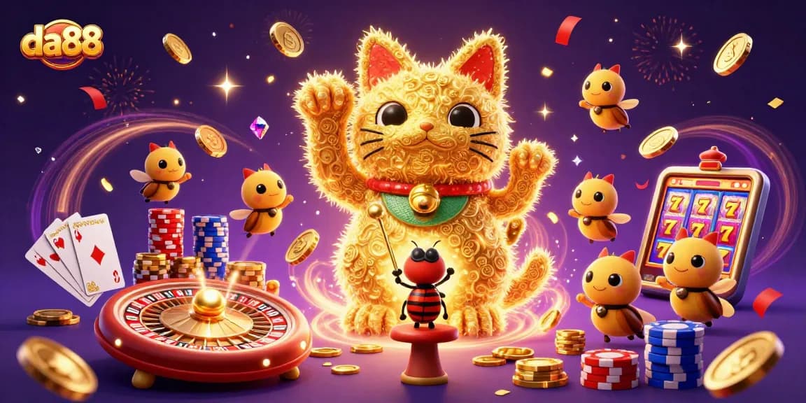 da88 captures the excitement of winning with golden coins and vibrant casino elements in a 3D illustration.