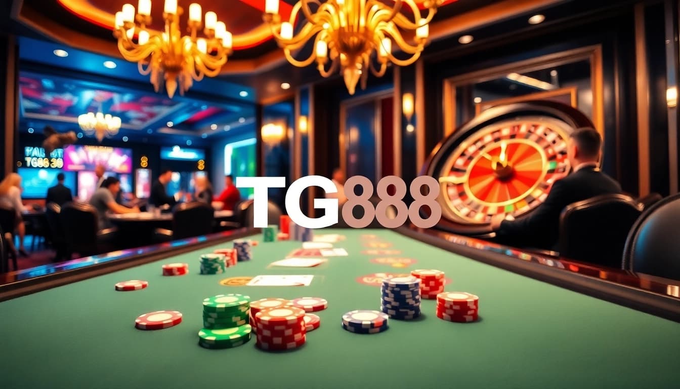 TG88 offers a vibrant casino atmosphere featuring poker chips and a roulette wheel for engaging gameplay.