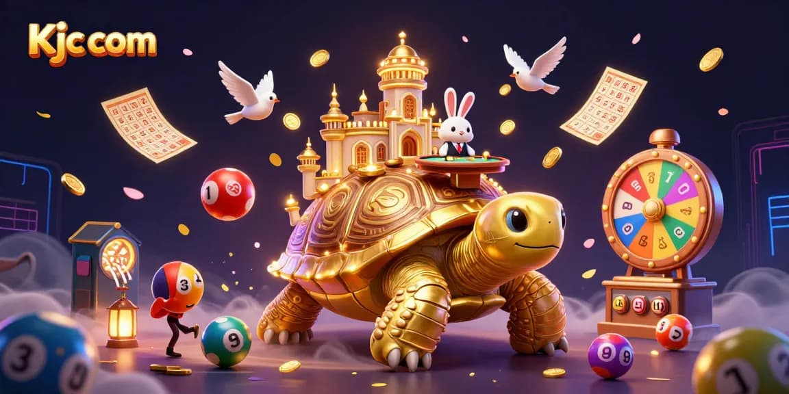 Experience the dynamic Kjc com gaming scene with vibrant lottery balls and a golden tortoise casino.