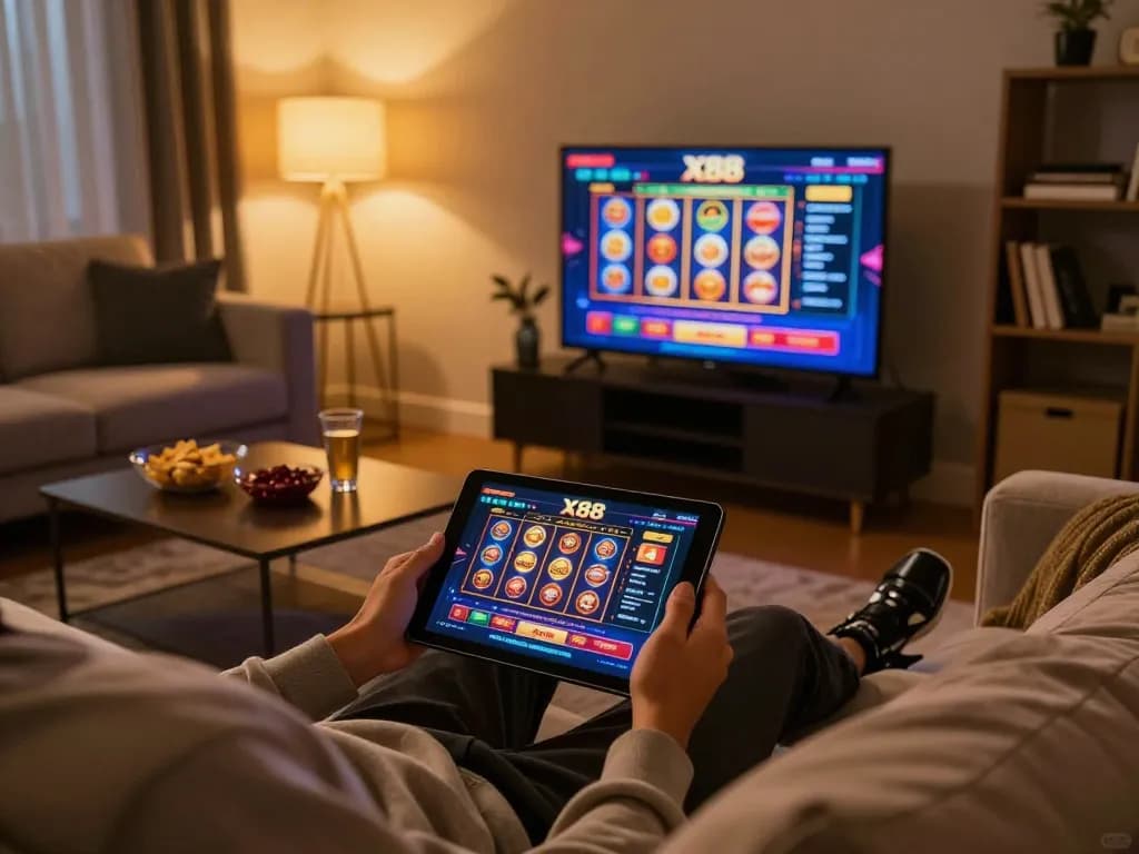 Engaged player exploring games at https://x88.design/ on tablet in stylish home setting.