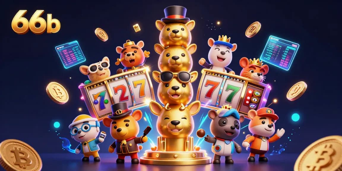 Experience thrilling slots at 66b with a vibrant totem pole and crypto coins in a dynamic casino scene.