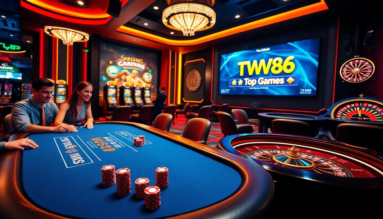 Experience thrilling gameplay at https://twin68.world/ with a vibrant casino scene featuring poker tables and slot machines.