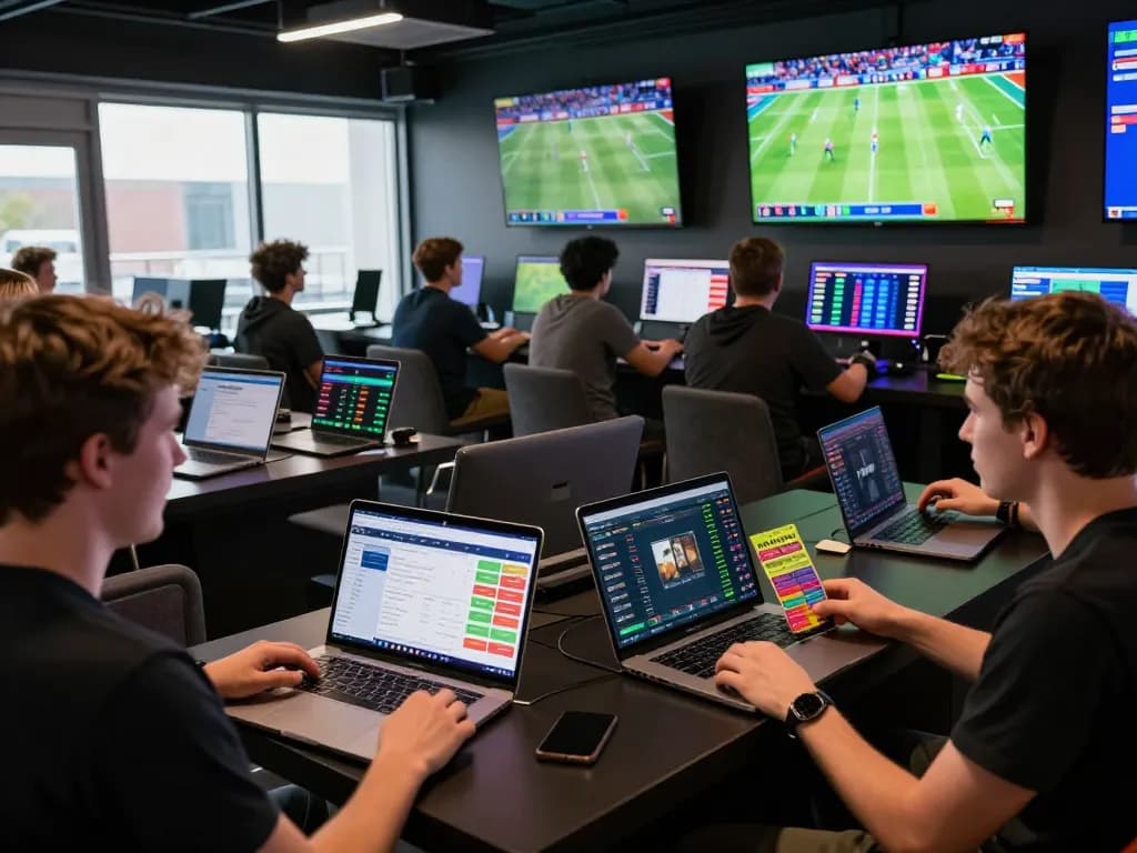 Engaged bettors analyzing keo nha cai odds in a vibrant sports betting lounge