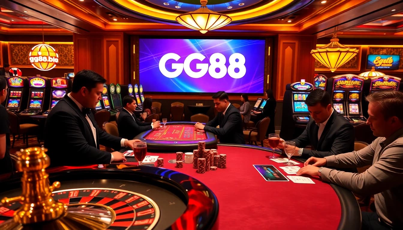 Engage with thrilling casino gameplay at https://gg88.biz/ featuring vibrant roulette wheels and stacked poker chips.