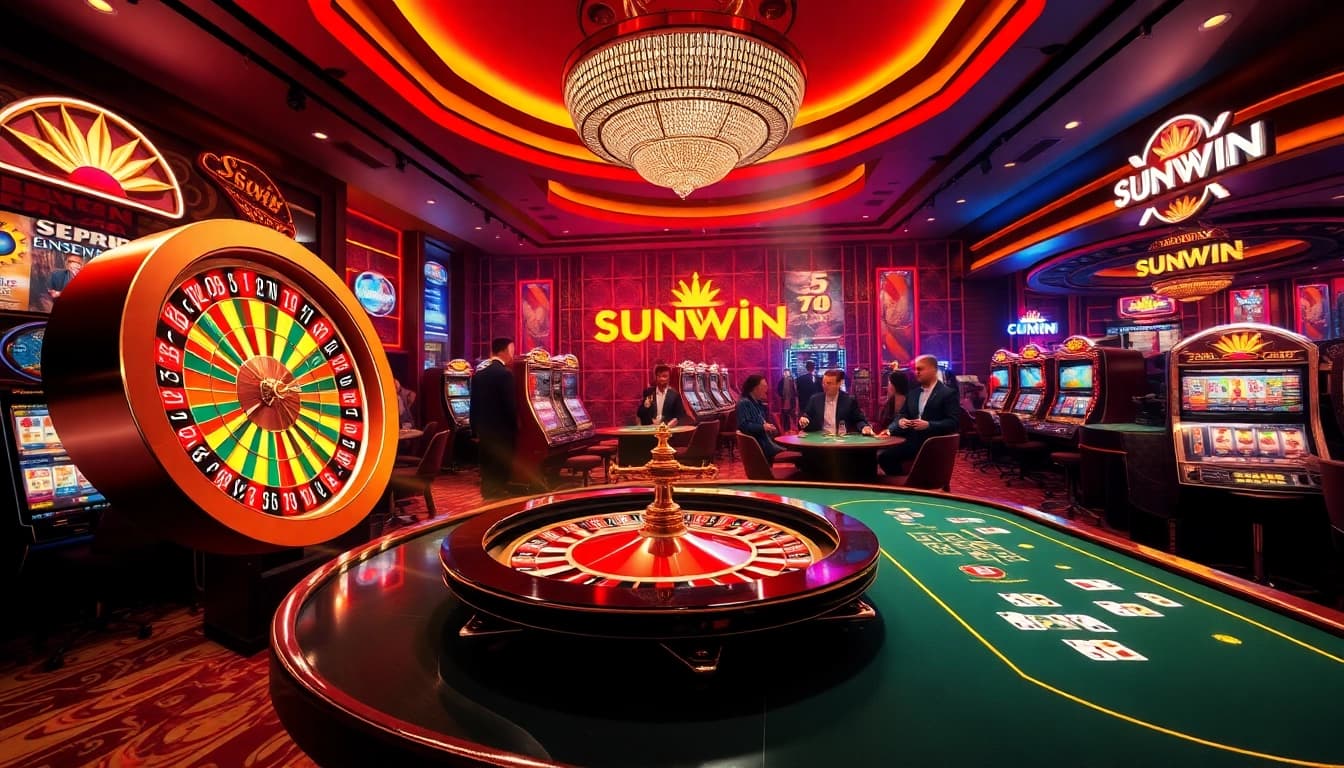 Experience sunwin's thrilling casino ambiance with vibrant roulette, slot machines, and poker tables.
