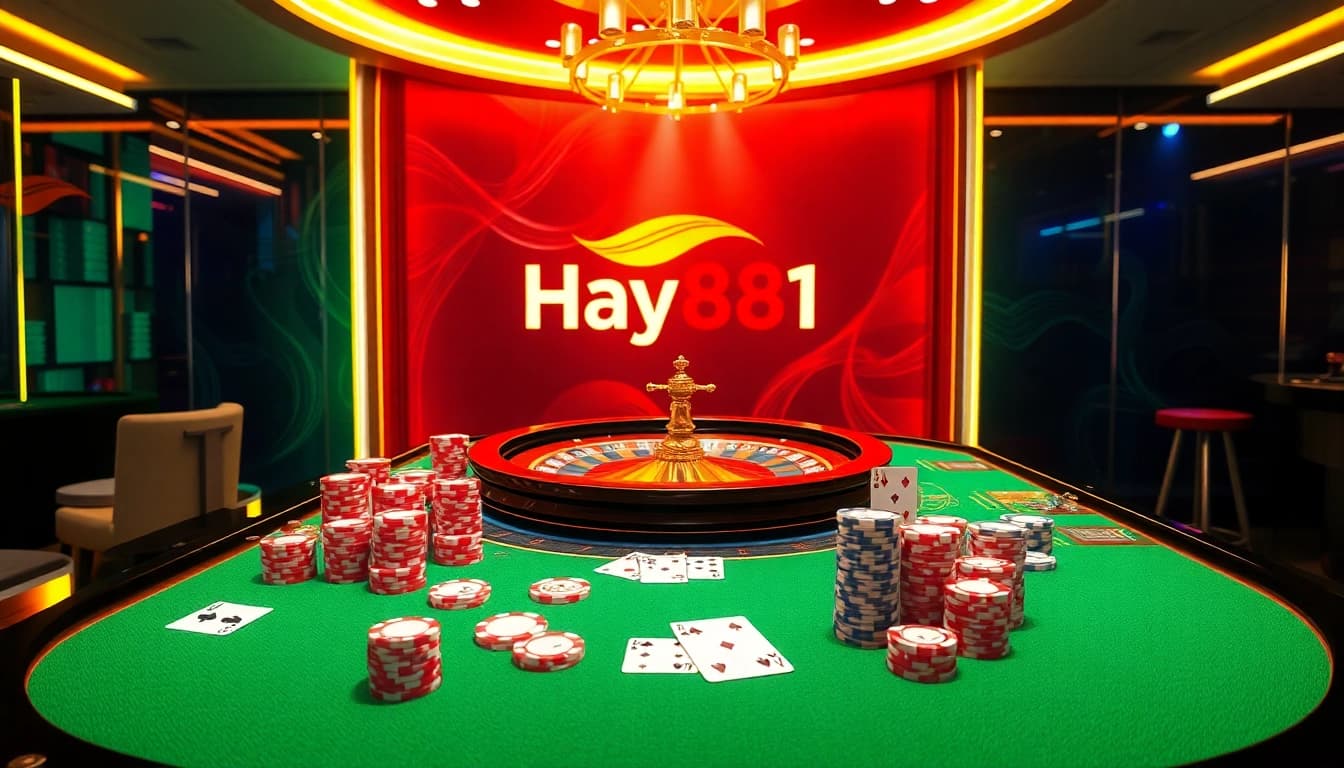 Experience the thrill of Hay881 at an upscale casino table with poker chips and roulette wheel.