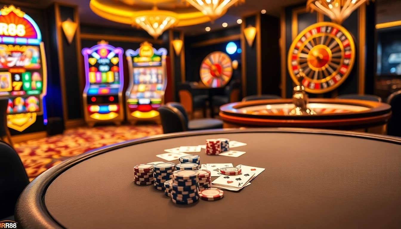 Players engaging in high-stakes poker at RR88 casino, showcasing luxury and excitement.