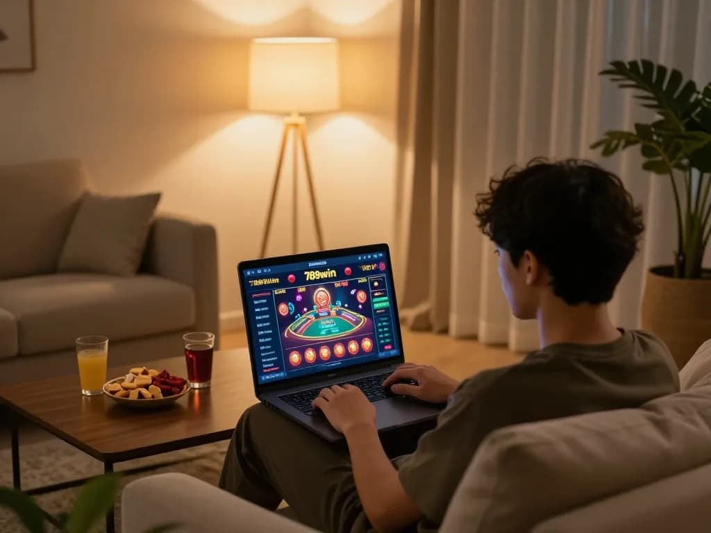 Person enjoying online casino gaming on 789win hiện đang mở laptop, with warm home atmosphere