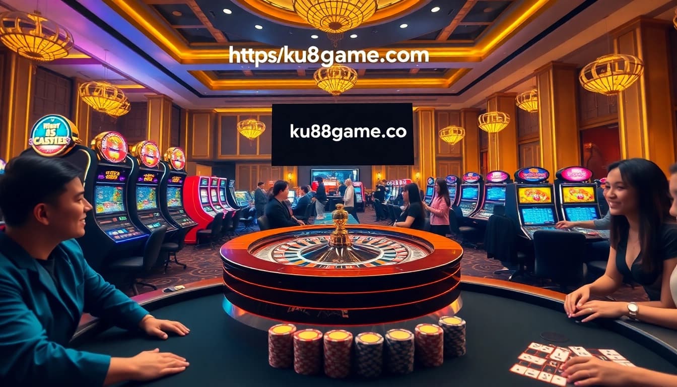 Exciting gambling scene featuring players at roulette and poker tables at https://ku88game.com/.